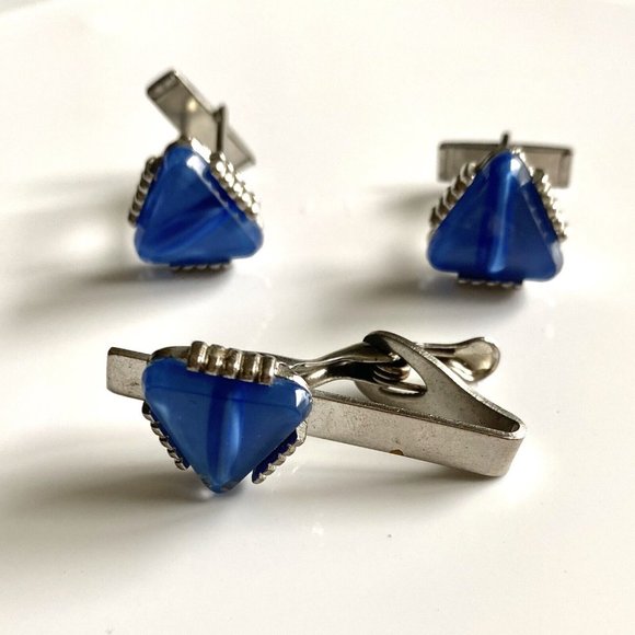Cuff Link Tie Clip 3 Piece Set Blue Stones Silver Toned.........40 - Picture 1 of 8